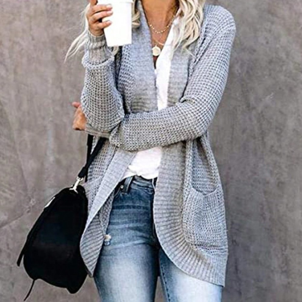 Grey Preppy Womens Dual Pocket Drop Shoulder Open Front Cardigan - Picture 3 of 5